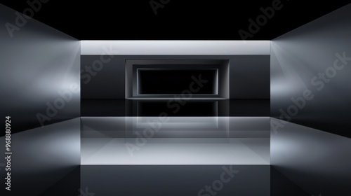A sleek, modern interior space with reflective surfaces and geometric shapes, suggesting depth and minimalism.