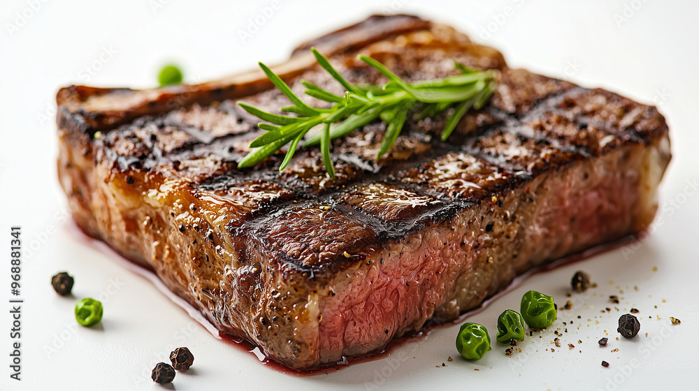 A perfectly grilled steak with visible grill marks and a succulent pink center, isolated on a white background A perfectly grilled steak with visible grill marks and a succulent pink center, isolated on a white background