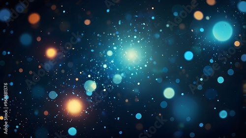 "Explore a captivating abstract background featuring blue glow particles and bokeh effects. The image showcases a stunning interplay of glowing blue particles and soft bokeh lights.