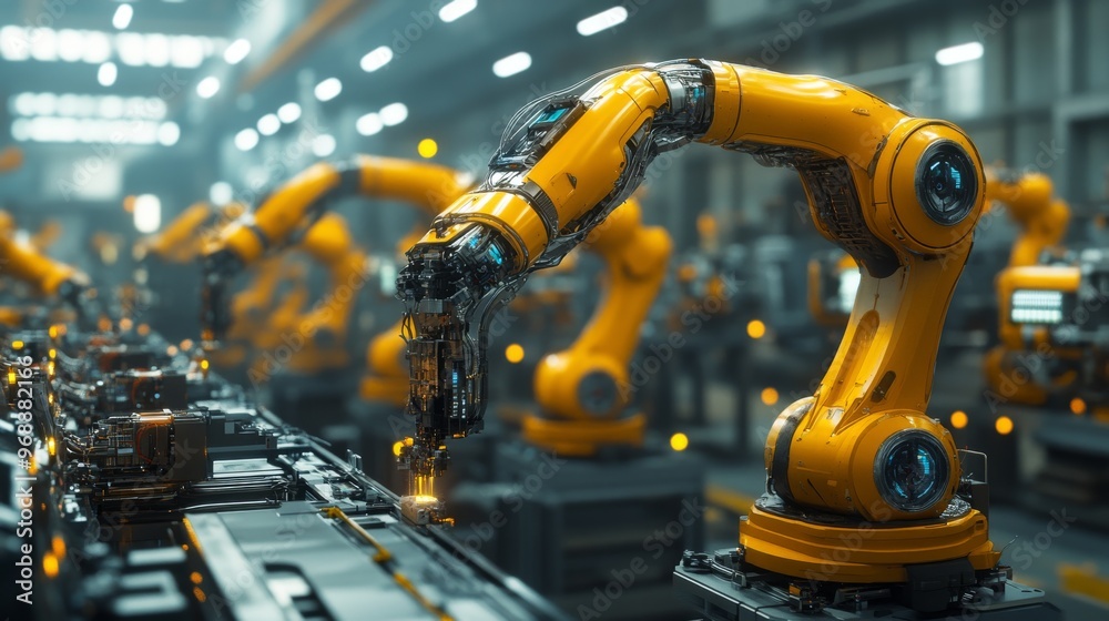 AI-enhanced industrial robots assembling high-tech machinery with precision and speed AI-enhanced industrial robots assembling high-tech machinery with precision and speed
