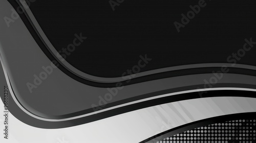 A sleek abstract design featuring flowing curves and gradients in black, gray, and white.