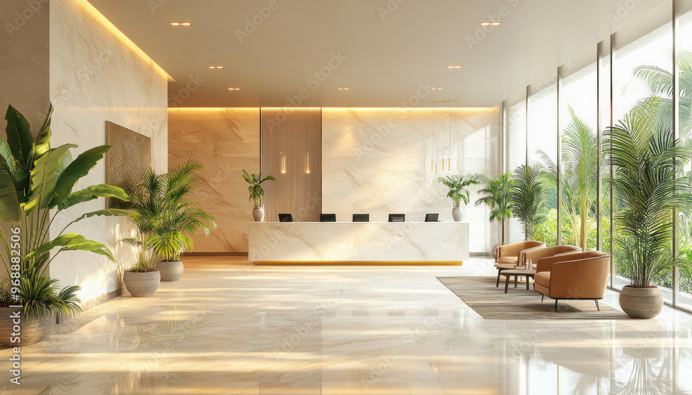 Modern hotel lobby interior with reception desk and waiting area Modern hotel lobby interior with reception desk and waiting area