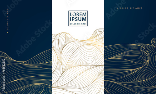 Vector set of wave luxury design background, gold oriental patterns. Sea curve, water line art. Wine, perfume labels, royal art deco invitations