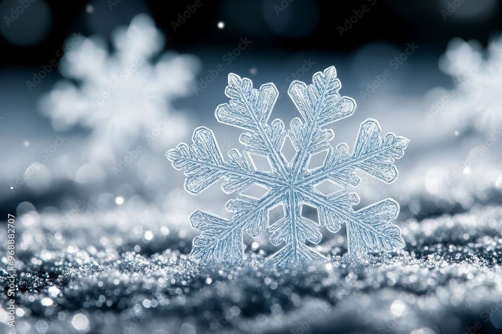 3D blue snowflakes floating in mid-air on a dark background. 3D blue snowflakes floating in mid-air on a dark background.