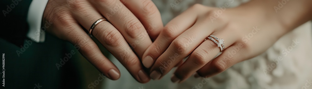 Close-Up of Bride and Groom Holding Hands with Wedding Rings on Their Fingers, Symbolizing Love and Commitment Close-Up of Bride and Groom Holding Hands with Wedding Rings on Their Fingers, Symbolizing Love and Commitment