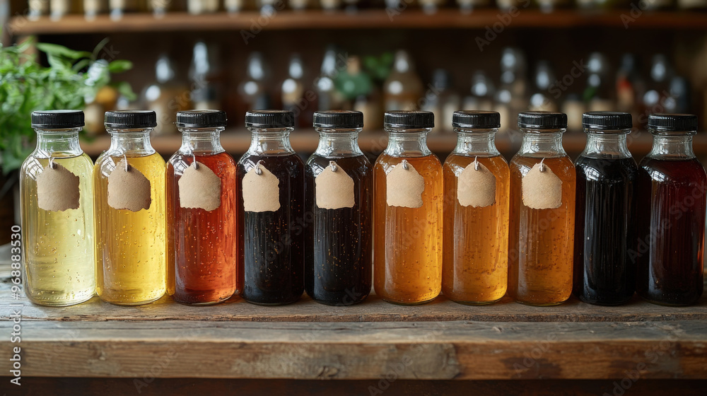 A collection of colorful medicinal syrups in labeled bottles arranged neatly on a wooden shelf A collection of colorful medicinal syrups in labeled bottles arranged neatly on a wooden shelf