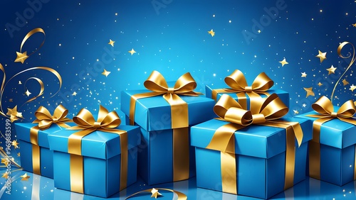 Blue bird day,happy new year gift boxes with gold bow on blue focused holiday background