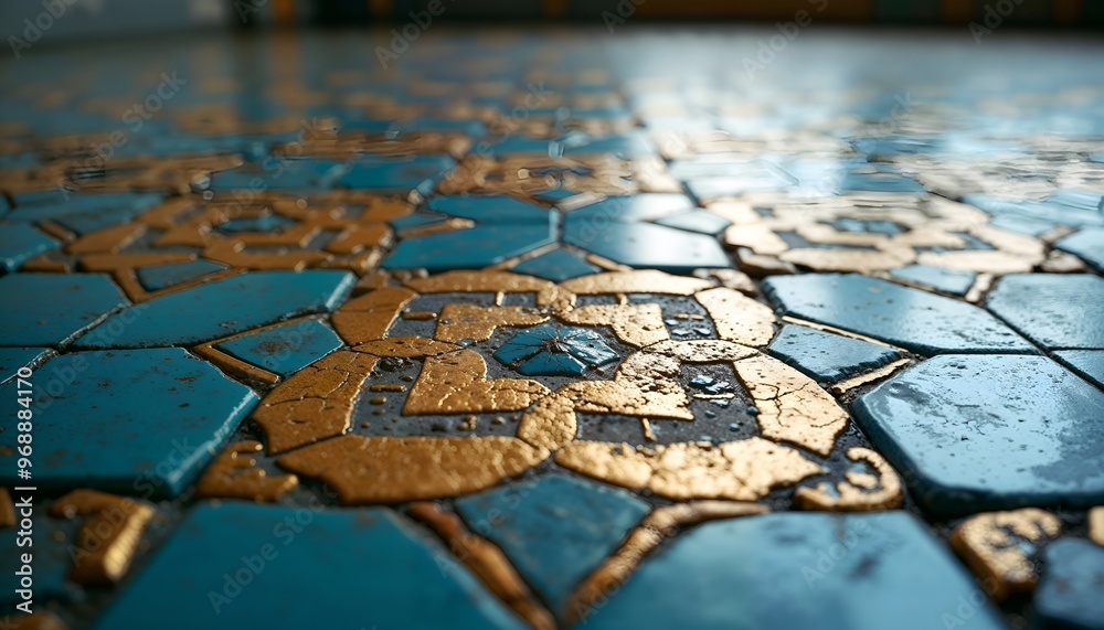 Close up of intricate blue and gold tiled floor with geometric patterns and ornate details Close up of intricate blue and gold tiled floor with geometric patterns and ornate details