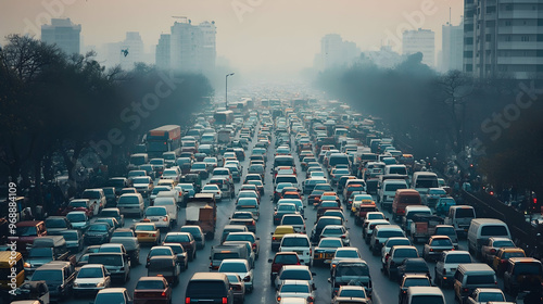 1. A significant accumulation of vehicles exists in a city that is experiencing severe pollution issues.