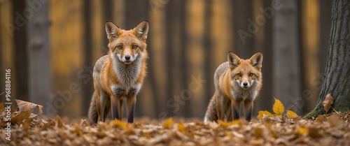 Two foxes standing alert in a serene woodland setting during daylight