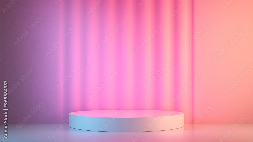 A vibrant scene with soft pink and purple lighting, featuring a circular platform, perfect for showcasing products or presentations. A vibrant scene with soft pink and purple lighting, featuring a circular platform, perfect for showcasing products or presentations.