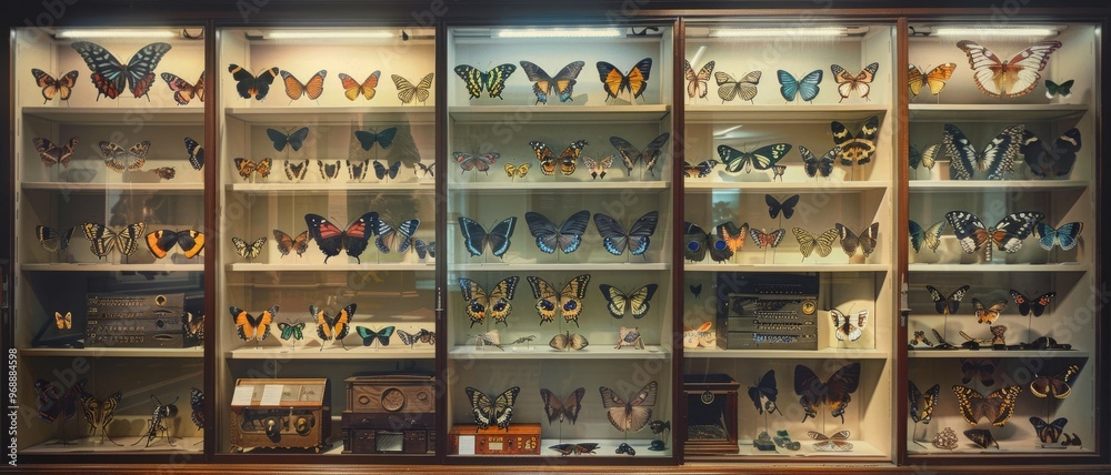 A glass display case filled with a diverse collection of colorful butterflies, neatly arranged and well-lit. A glass display case filled with a diverse collection of colorful butterflies, neatly arranged and well-lit.