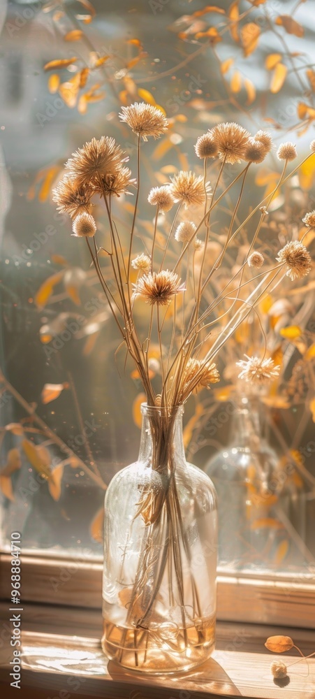 Obraz premium Sunlit Vintage Glass Vase with Dried Flowers by Window