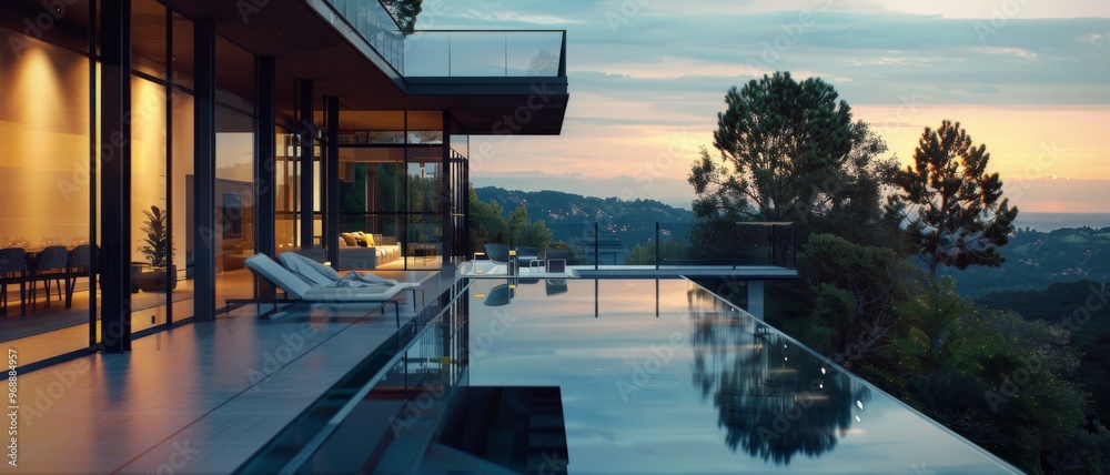 Obraz premium A luxurious modern home with floor-to-ceiling glass walls and a pool sits on a rocky hillside, offering stunning sunset views amidst towering trees.