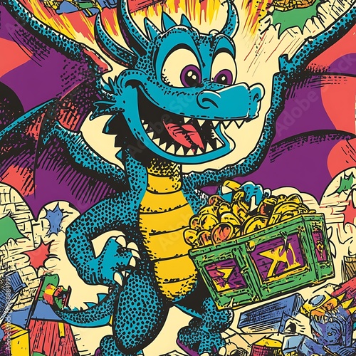 Happy Dragon Holding Treasure Chest Full of Gold Coins.