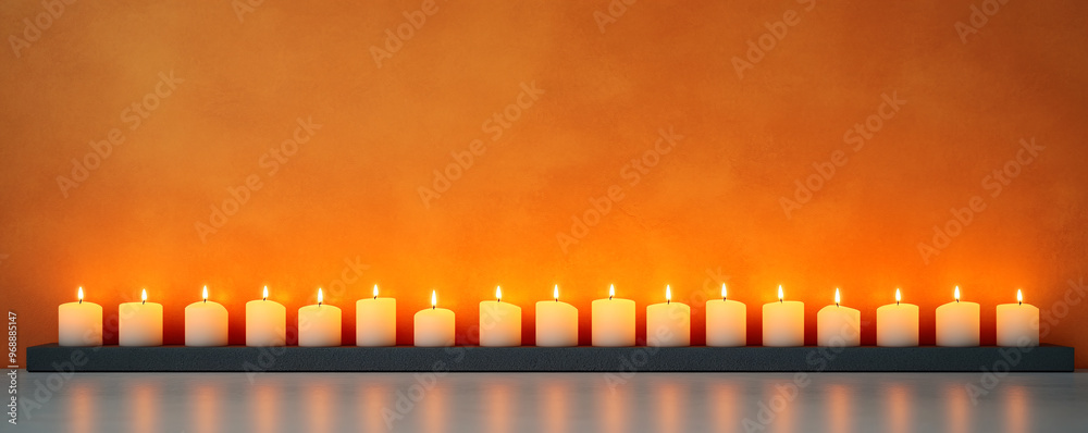 Serene arrangement of glowing candles on a dark surface against an orange background, perfect for relaxation and meditation. Serene arrangement of glowing candles on a dark surface against an orange background, perfect for relaxation and meditation.
