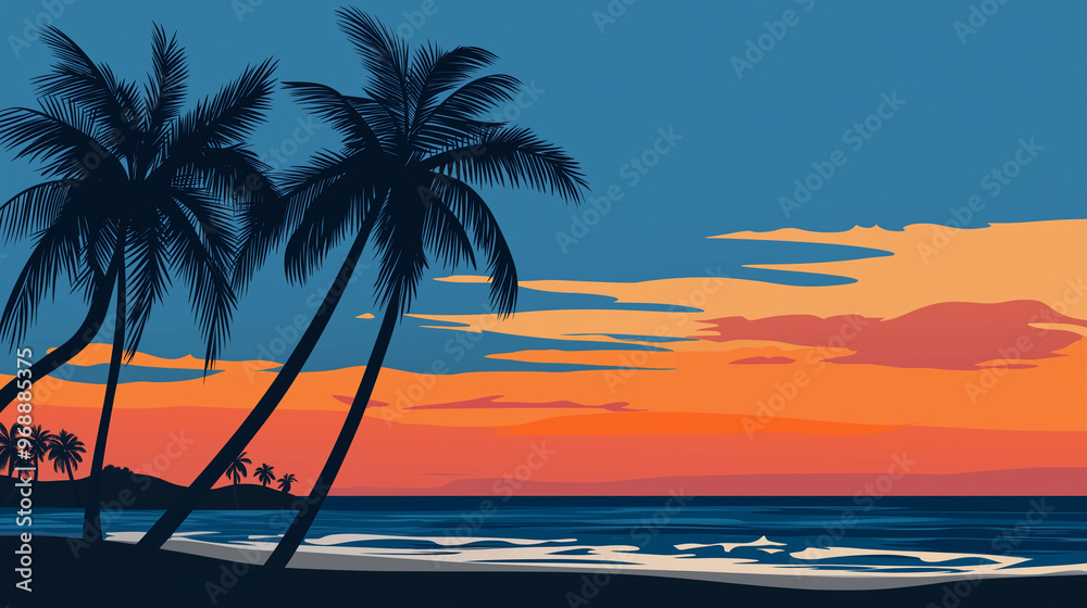 Fototapeta premium Beautiful Tropical Beach with Palm Trees at Sunset Wallpaper