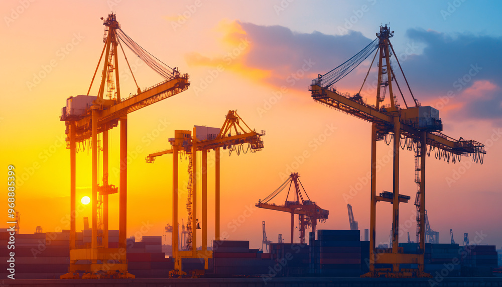 Obraz premium Sunset skyline featuring towering cranes in a bustling shipping port, showcasing industrial architecture and vibrant colors.
