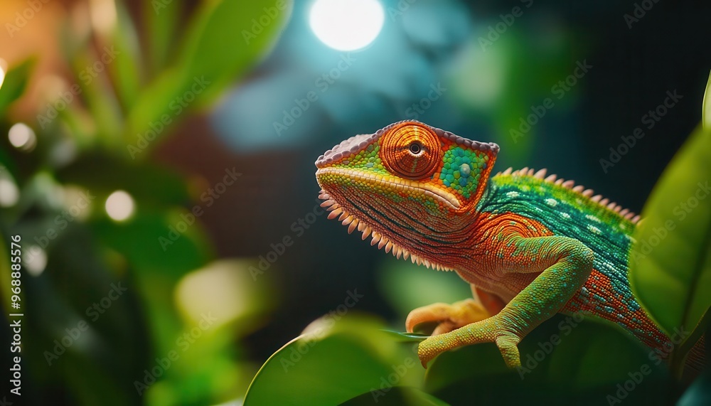 Fototapeta premium A vibrant chameleon perched on lush green leaves, showcasing its stunning colors in a beautifully lit environment.