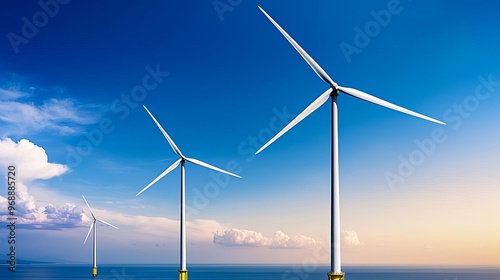 Wind farm near coastline, offshore wind turbines, calm sea, blue skies, sustainable power, cool colors conveying tranquility and innovation