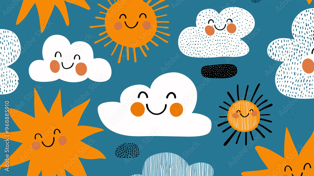 Fluffy Clouds and Smiling Suns: A Cute Sky Wallpaper Fluffy Clouds and Smiling Suns: A Cute Sky Wallpaper