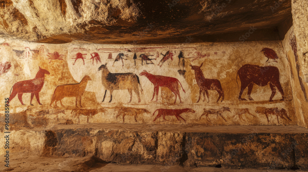 Obraz premium Indigenous religious artwork painted on the walls of a cave, depicting sacred animals, ancestors, and cosmological symbols