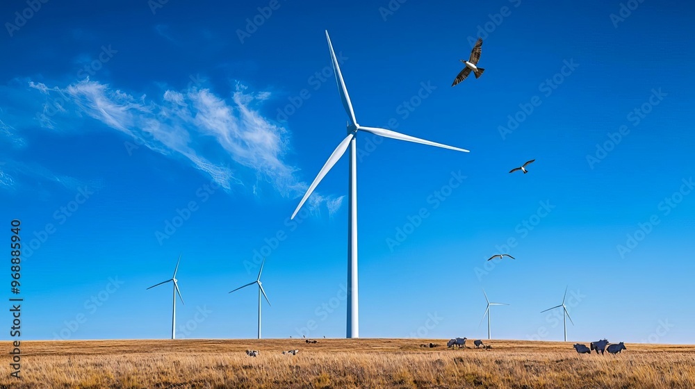 Wind farm and wildlife, birds flying, eco-conscious energy, open spaces, harmonious coexistence, vibrant and natural palette Wind farm and wildlife, birds flying, eco-conscious energy, open spaces, harmonious coexistence, vibrant and natural palette