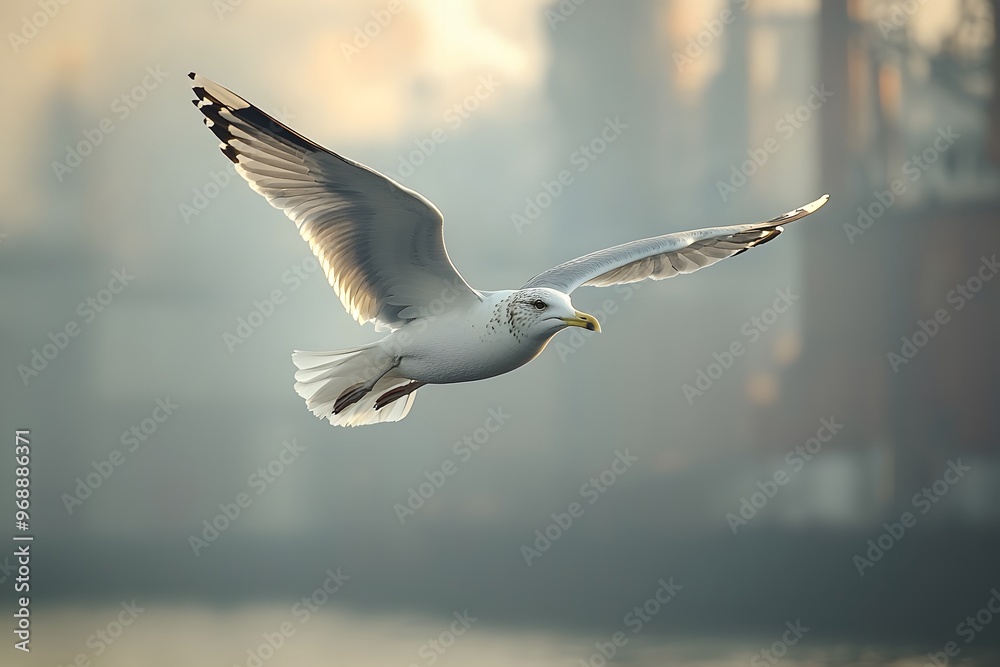Fototapeta premium Graceful seagull soaring over tranquil harbor in misty morning light