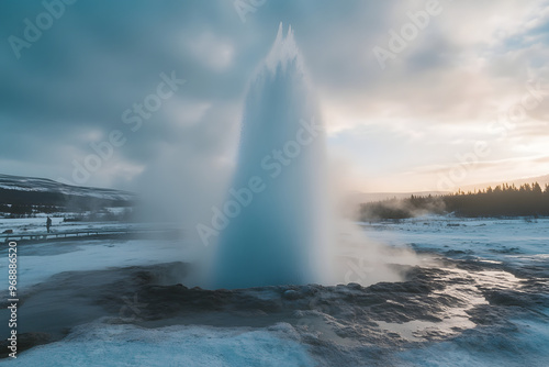 A breathtaking winter view of a geyser erupting at sunrise in a snowy landscape, with mist and dramatic clouds overhead.