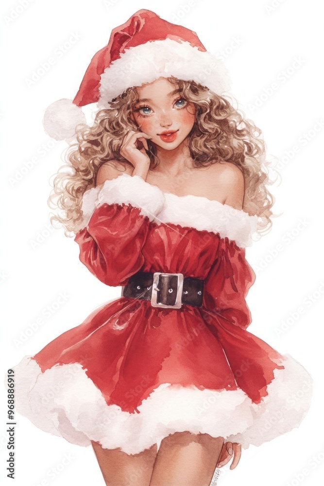 Charming illustration of a festive girl in a Santa outfit with curly hair, perfect for holiday-themed projects. Charming illustration of a festive girl in a Santa outfit with curly hair, perfect for holiday-themed projects.