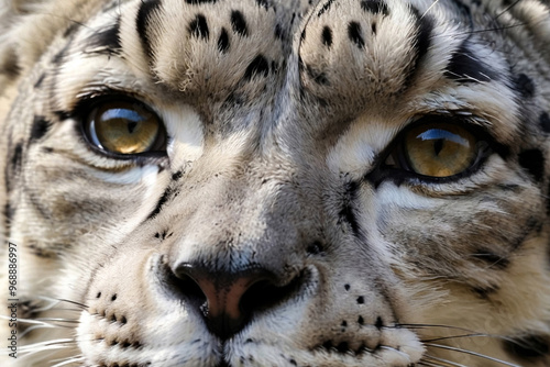 Up close and personal with snow leopard (Panthera uncia) in wilderness. Fierce and serious gaze as predator in exotic natural world. Animal themes wildlife concept. Copy ad text space. Generated Ai photo