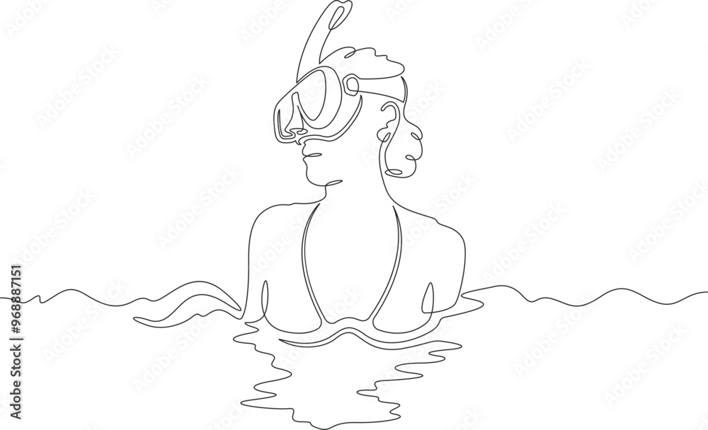 Continuous one line drawing diver girl in mask. Swimmer in water with mask and snorkel. Woman swims in sea. One continuous line isolated minimal illustration. Continuous one line drawing diver girl in mask. Swimmer in water with mask and snorkel. Woman swims in sea. One continuous line isolated minimal illustration.
