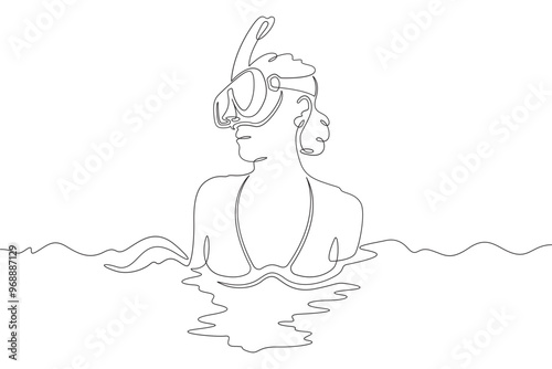 Continuous one line drawing  diver girl in mask. Swimmer in water with mask and snorkel. Woman swims in sea. One continuous line isolated minimal illustration.