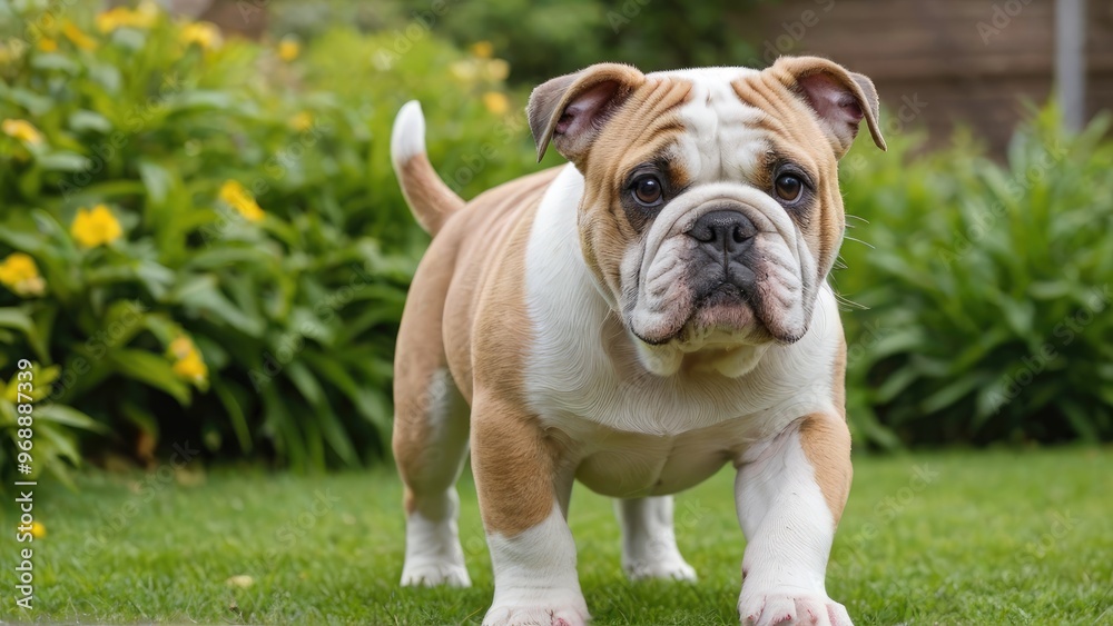 Fawn english bulldog in the garden Fawn english bulldog in the garden