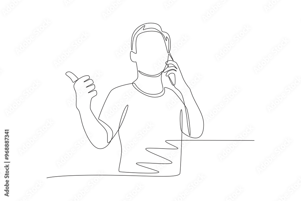 The man on the phone gave a thumbs up. Making phone calls concept one-line drawing