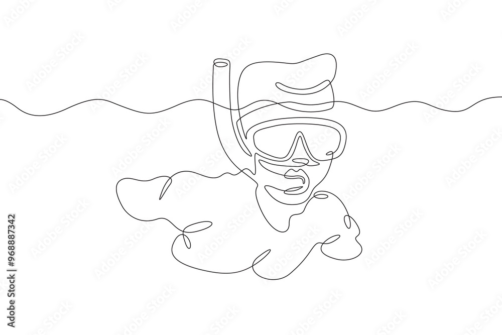 Continuous one line drawing diver in a mask. Swimmer in the water with a mask and snorkel. One continuous line isolated minimal illustration. Continuous one line drawing diver in a mask. Swimmer in the water with a mask and snorkel. One continuous line isolated minimal illustration.
