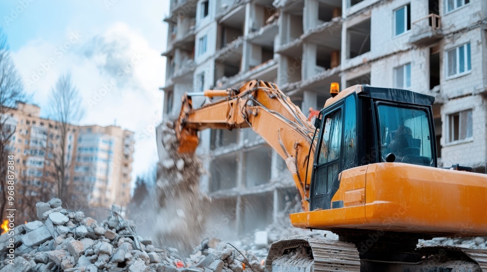 An excavator is seen actively demolishing an old, worn building amidst rubble and machinery, highlighting the process of destruction and urban transformation in a city area. An excavator is seen actively demolishing an old, worn building amidst rubble and machinery, highlighting the process of destruction and urban transformation in a city area.
