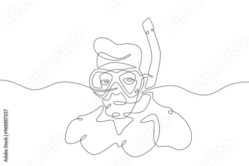 Continuous one line drawing diver in a mask. Swimmer in the water with a mask and snorkel. One continuous line isolated minimal illustration.