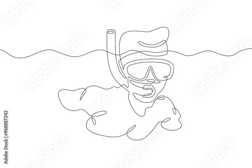 Continuous one line drawing diver in a mask. Swimmer in the water with a mask and snorkel. One continuous line isolated minimal illustration.
