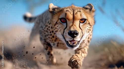 A solitary cheetah is depicted in full sprint, showcasing its unmatched power and agility, with focus and determination evident in its expression as it races through the territory. photo