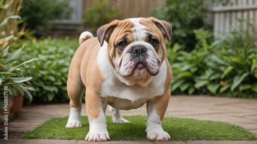 Fawn english bulldog in the garden