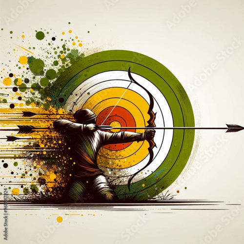 Archery target with dynamic arrows and explosive color splashes

