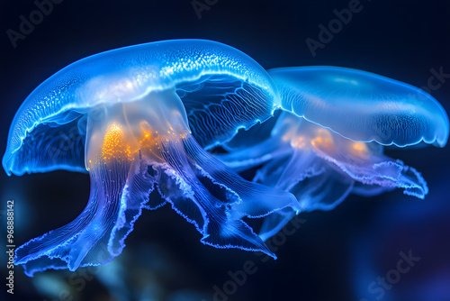 Stunning close-up view of two blue jellyfish glowing ethereally underwater, showcasing their translucent bodies and bioluminescent tentacles. photo