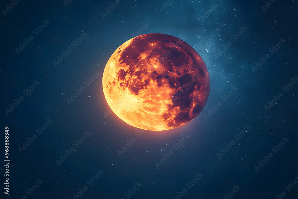 Stunning photo of a glowing red moon against a starry night sky, capturing the celestial beauty and mystery of space.