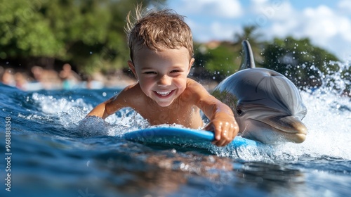 A smiling boy enjoys surfing alongside a dolphin in the sunny ocean, highlighting the playful bond between human and marine life, amidst vibrant and lively waves.