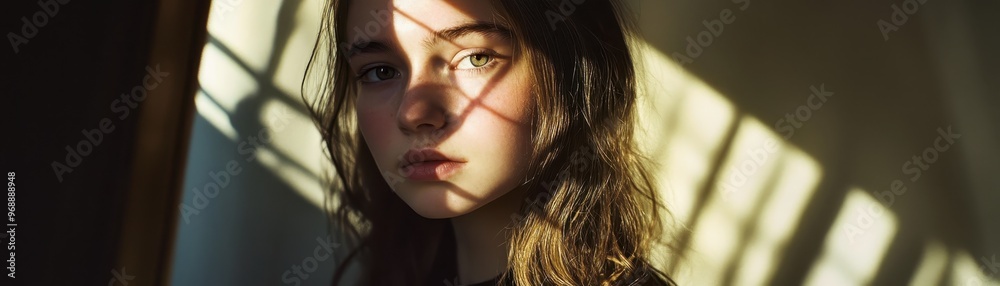 Portrait of a Young Woman with Sunlight and Shadows Creating a Dramatic Effect on Her Face Portrait of a Young Woman with Sunlight and Shadows Creating a Dramatic Effect on Her Face