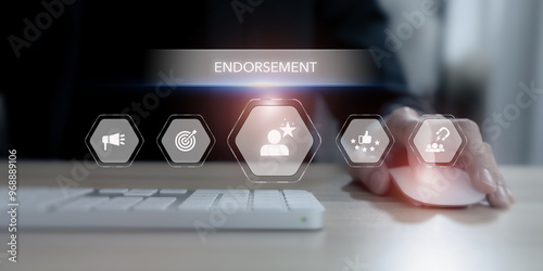 Endorsement strategy concept. Leveraging the influence and credibility of a well-known individual or brand to promote. Increasing brand awareness, establish trust with consumers and drive sales. photo