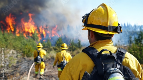 Firefighters in yellow suits and helmets seen from behind, working together to control a large forest fire, with vivid flames and thick smoke in the background.