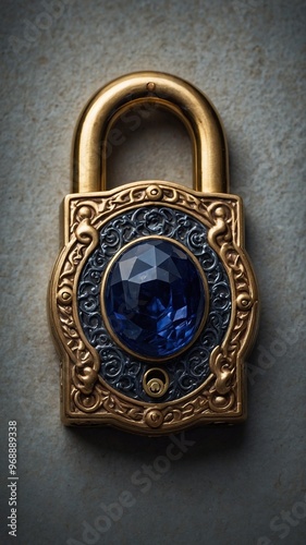 Ornate golden lock with large blue gemstone in center, surrounded by intricate filigree designs