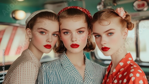 Retro Styled Portrait of Three Young Women with Red Lipstick and Vintage Clothing in a Diner Setting photo